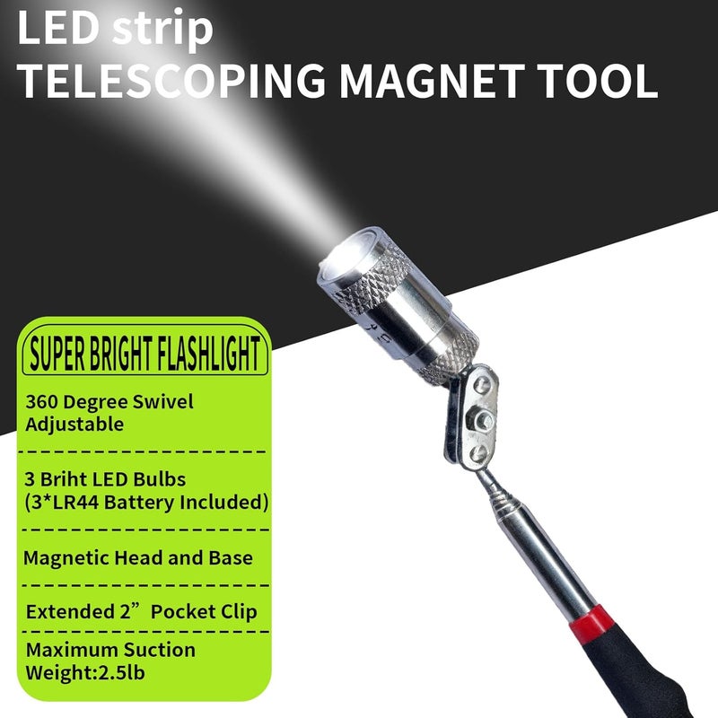 Ferropeak Telescoping Magnetic Pickup Tool Set, 2Pcs Round and Square Inspection Mirror Telescoping with LED Lights, 2Pcs Magnet Stick Best Gadgets Gifts for Men (Black, 6 Pack) - Image 3